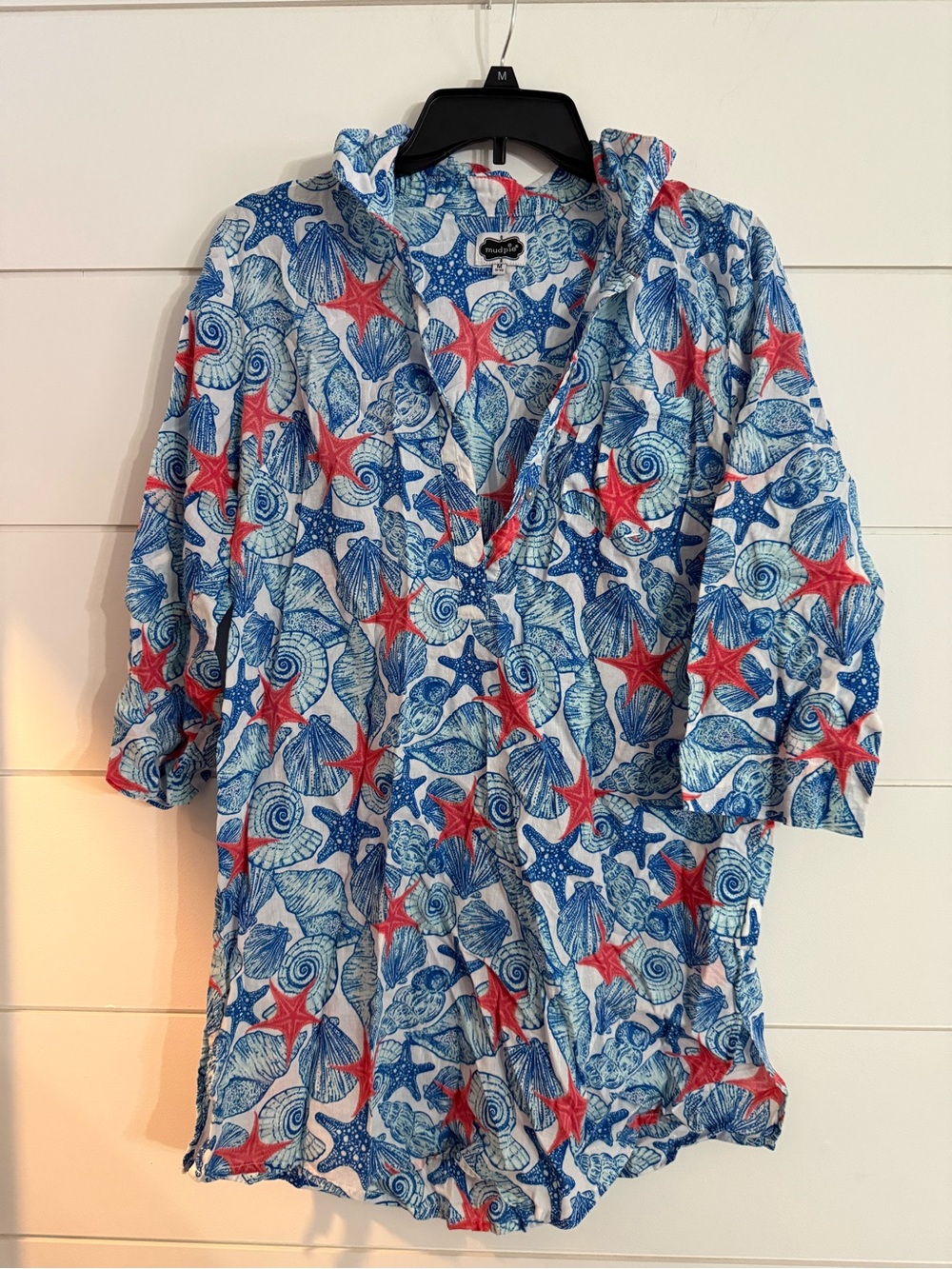 Mud Pie Blue Seashell Starfish Tunic Dress Beach Cover Up Cotton Size Medium